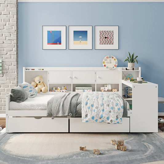 Full Size Wooden L-Shape Daybed With Seven Storage Cabinets And Two Storage Drawers, Multi-functional Bed With Study Desk And Built-in Bookshelf, White Old