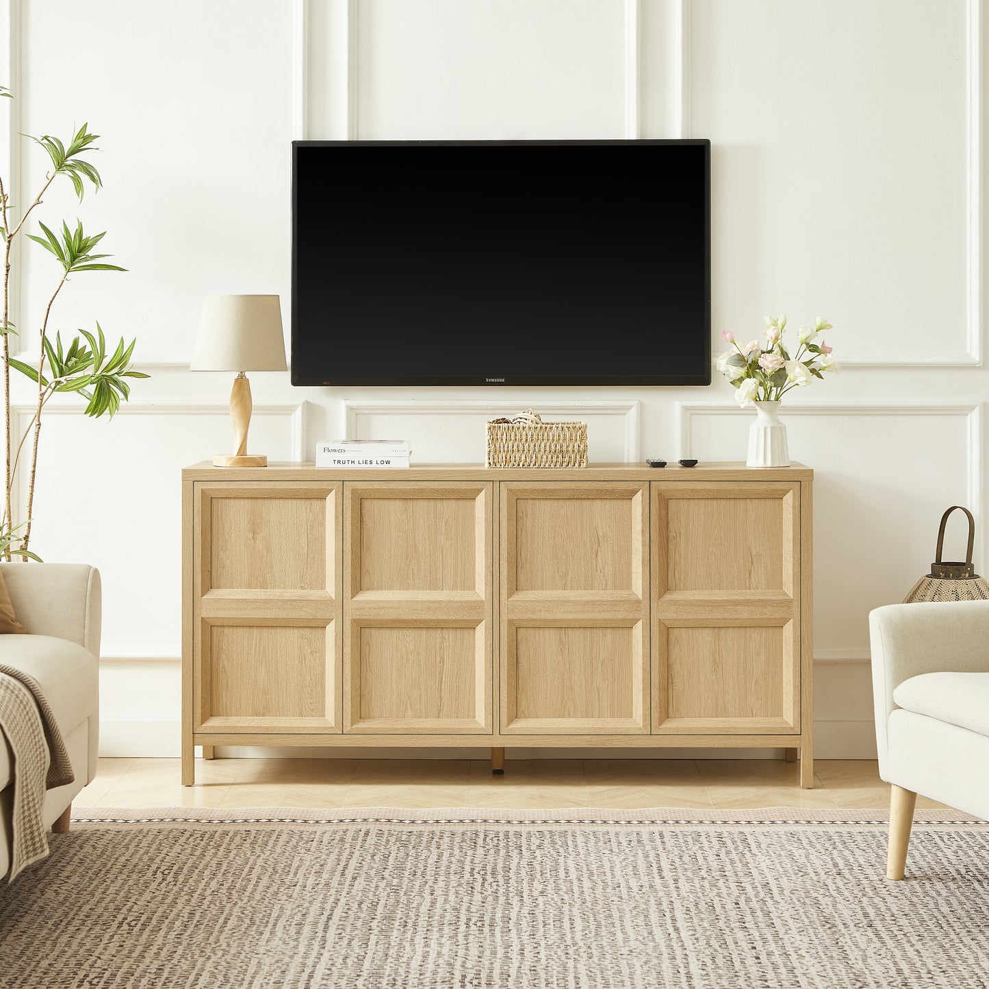 67 Modern Sideboard Storage Cabinet With Tip-on Opening, Soft-close Hinges, And Tilt-proof Wall Mount, Bedroom Dresser Oak.