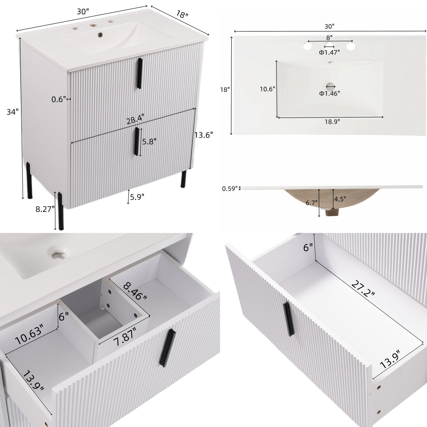 30 Bathroom Vanity With Ceramic Sink And Full-Extension Drawers, Soft Close Undermount Drawer Slides, Fluted Design, White