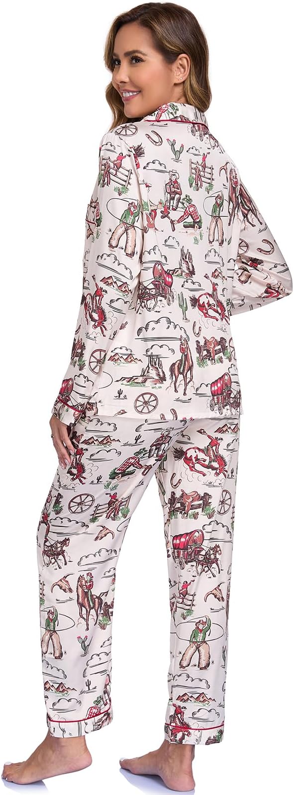 RONGTAI Womens Pajama Sets Button Down Long Sleeve Lapel Shirt With Pocket Matching Pj Pants Two Piece Loungewear Set