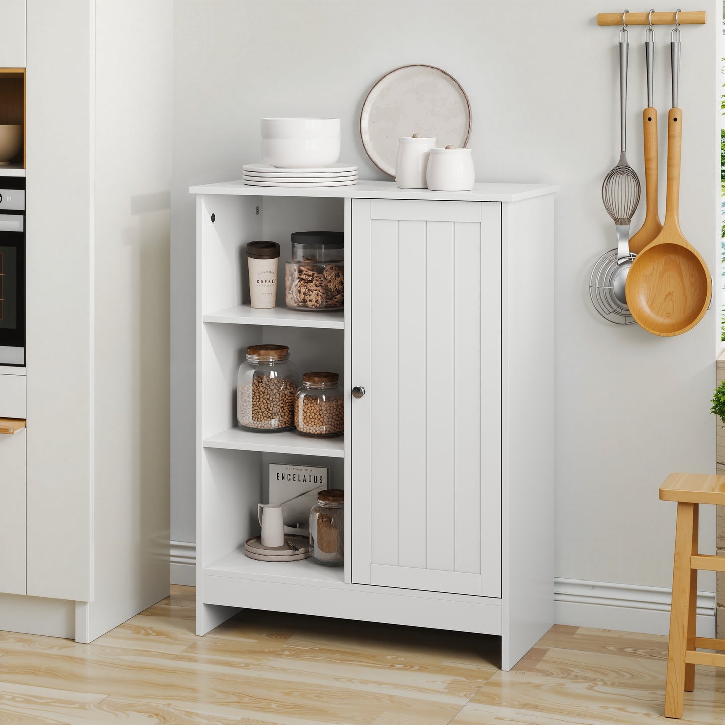 Bathroom Cabinet, Kitchen Freestanding Storage Rack, 23.62 X 11.81 X 31.5 Floor Storage Cabinet With 1 Cabinet, 3 Open Compartments, Adjustable Shelves, White