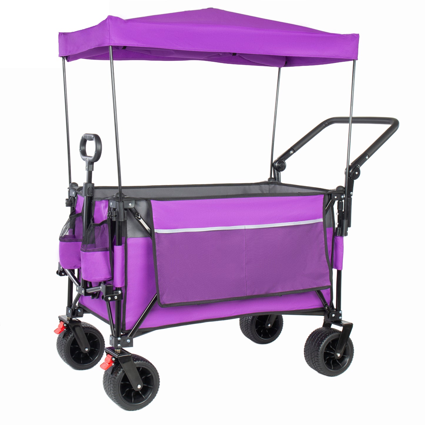 Multi-Functional Push-Pull Folding Wagon Cart With Rotating Handle & Canopy 7x4All- Terrain Wheels & Brakes Load Capacity 480lbs 300L Large Capacity For Transport Groceries Outdoor Use Purple