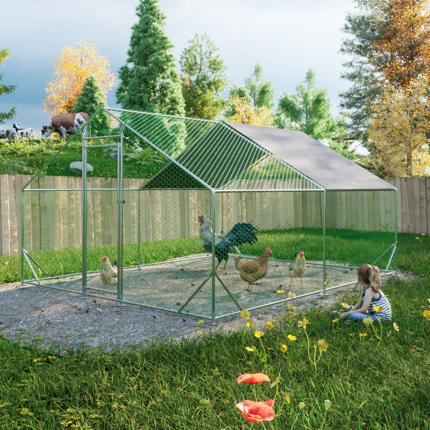Large Metal Chicken Coop, Walk-in Chicken Run, Galvanized Wire Poultry Chicken Hen Pen Cage, Rabbits Duck Cages With Waterproof And Anti-Ultraviolet Cover For Outside