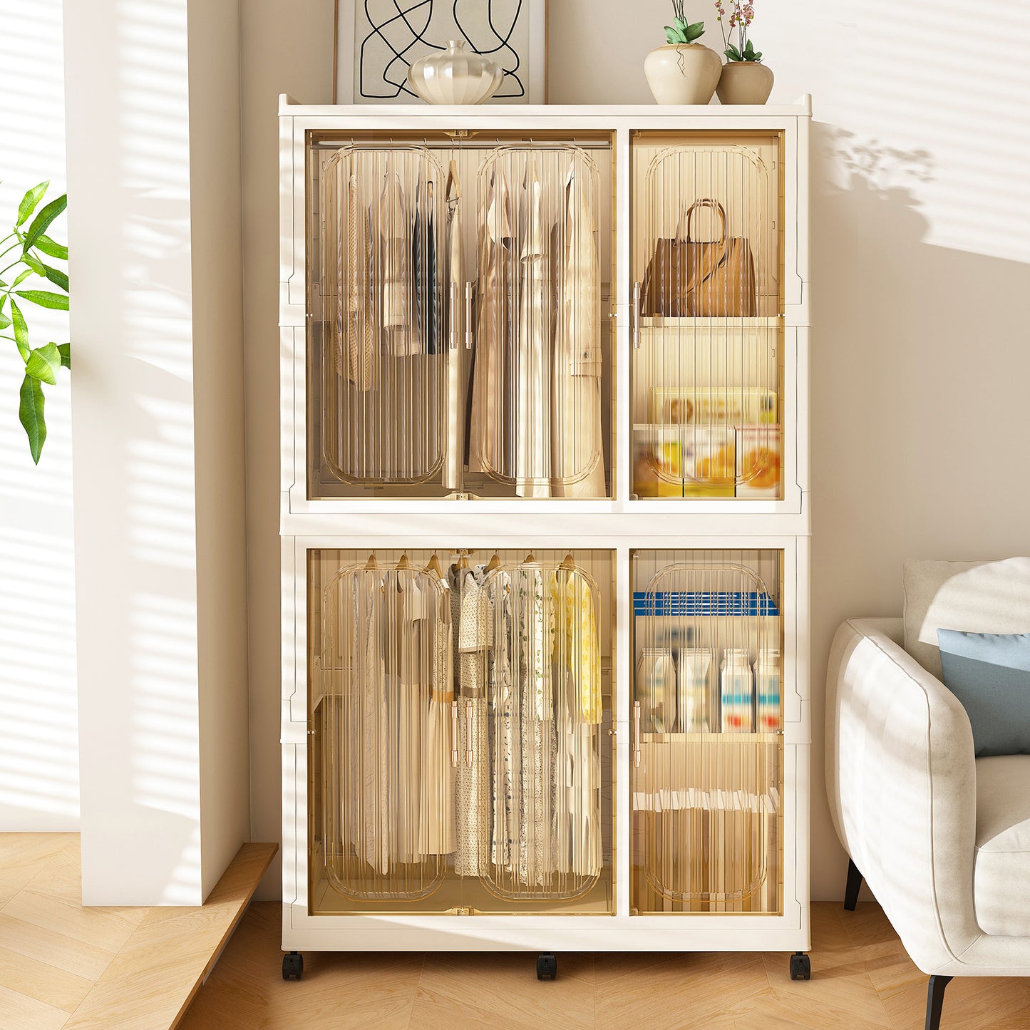 Portable Wardrobe Closet Storage Organizer For Clothes,Clothes Dresser,6 Magnetic Doors-6 Cubes & 2 Hanging Rod,6 Pcs Hangers , Baby Wardrobe Storage Cabinet,White
