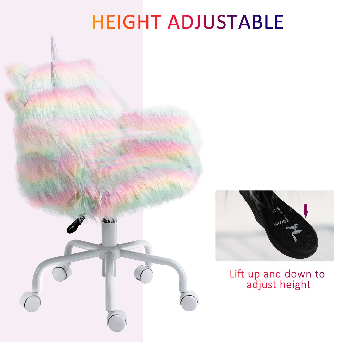 Fluffy Unicorn Office Chair With Mid-Back And Armrest Support, 5 Star Swivel Wheel White Base, Rainbow