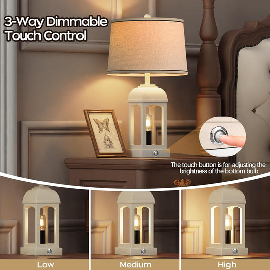 Table Lamp For Living Room, Farmhouse Lamps Set Of 2 With USB A C And Nightlight, 26  Rustic Bedside Lamps With 3-Way Dimmable, Touch Nightstand Lamp For Bedroom, White