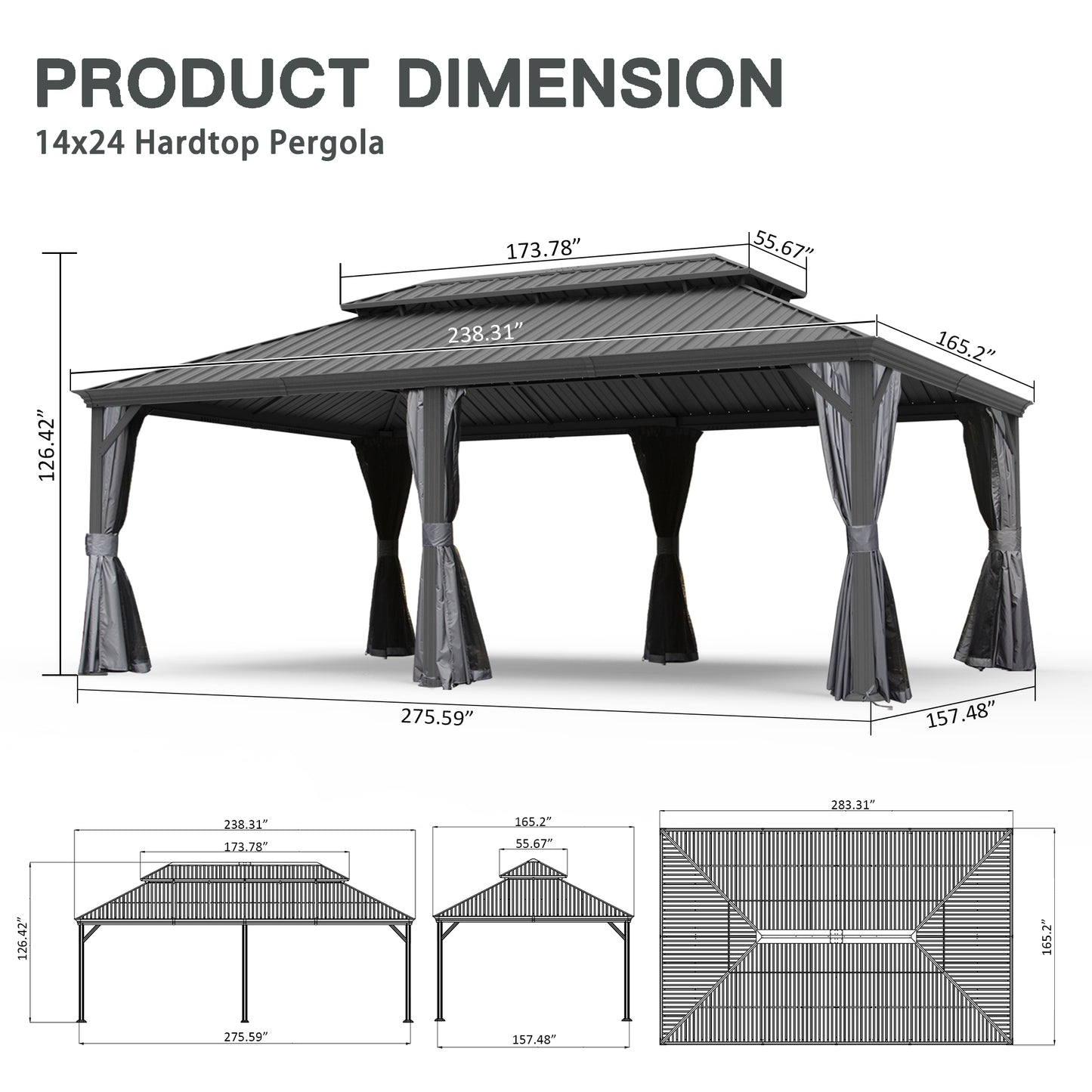 14  X 24  Hardtop Gazebo, Upgraded Metal Gazebo With Drainage System, Dual-Layer Galvanized Steel Roof, Curtain And Netting, Outdoor Shelter Canopy For Patio, Garden, And Backyard, Grey