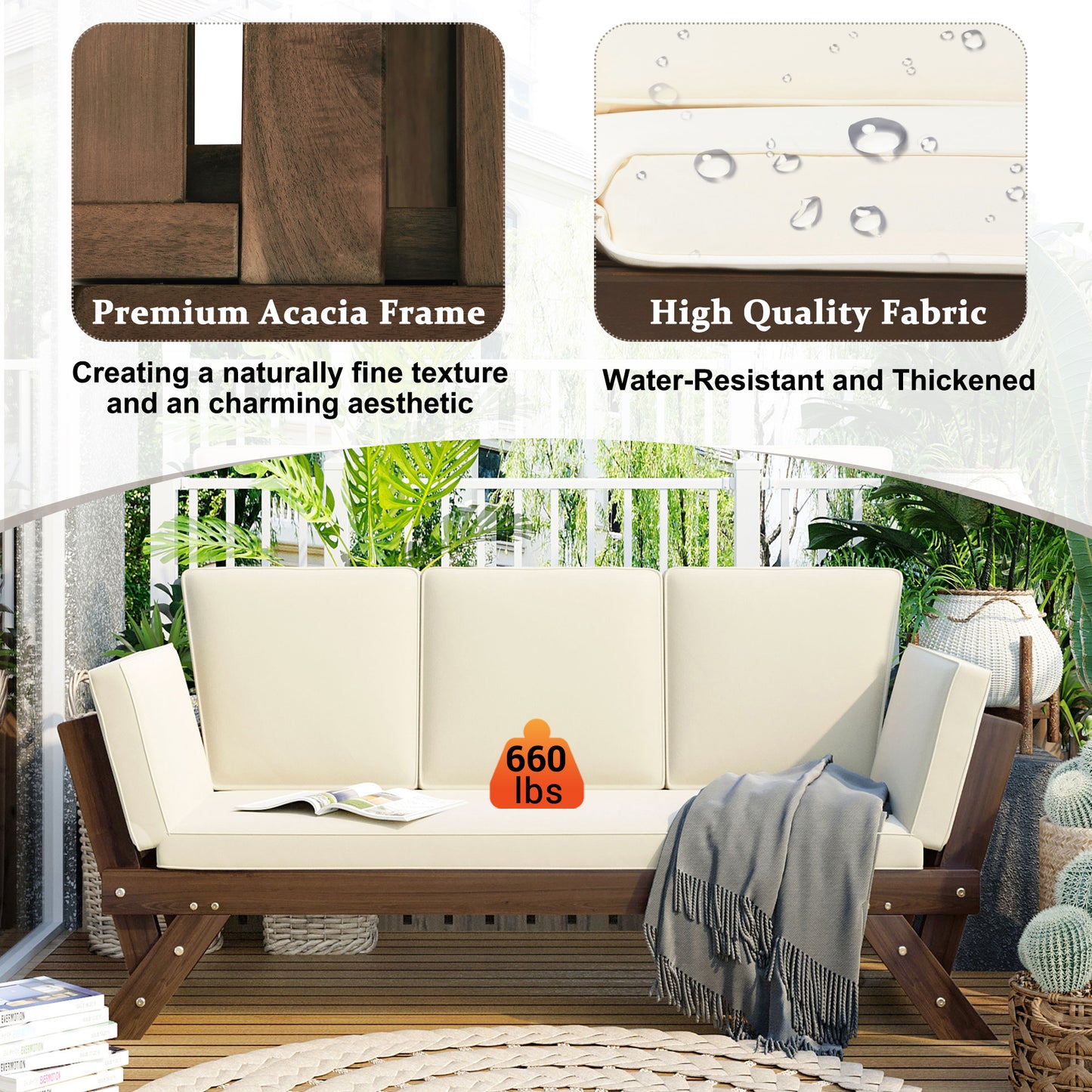 TOPMAx Outdoor Adjustable Patio Wooden Daybed Sofa Chaise Lounge With Cushions For Small Places  Brown Finish Beige Cushion