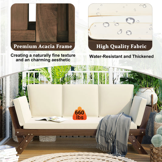 TOPMAx Outdoor Adjustable Patio Wooden Daybed Sofa Chaise Lounge With Cushions For Small Places  Brown Finish Beige Cushion