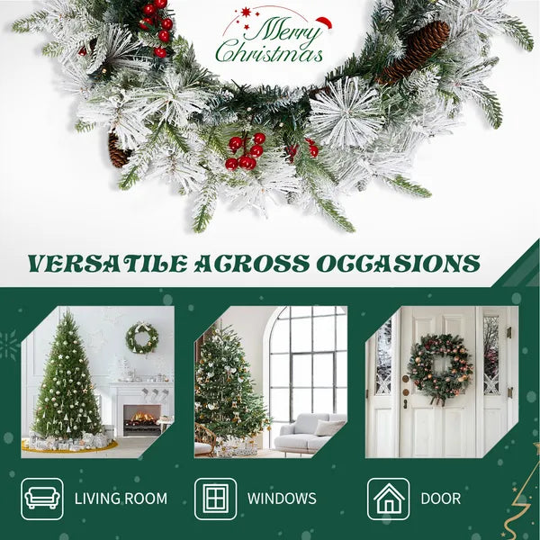 2 Pack 18in Pre-lit Snow Flocked Christmas Wreath, Lighted Artificial Xmas Wreath With 60 Warm Lights And 140 Tips And Red Berries Pine Cones, For Front Door Gate Wall Xmas Party Decorations