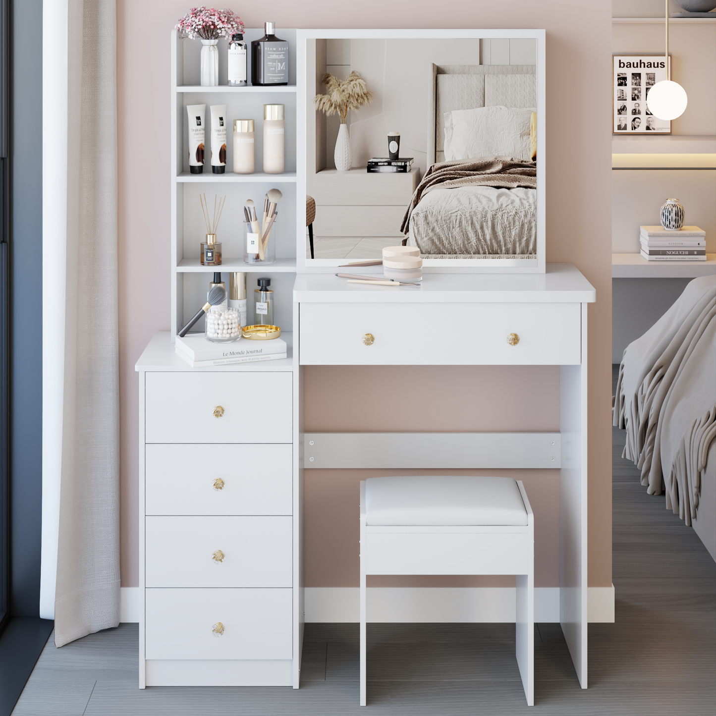 37 Middle Size Left Bedside Cabinet Vanity Table  Cushioned Stool, Extra Large Right Sliding Mirror, Multi Layer High Capacity Storage, Practical Fashionable Dresser, Suitable For Large Space