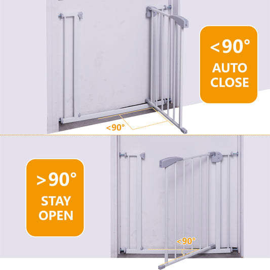 Double Door Baby Safe Gate For Stairs & Doorways,adjustable 75-115 Cm 29.53'-45.3,walk Through Safety Gate With Extension Kits,auto Close,pressure Mounted,white Metal Child & Pet Gate