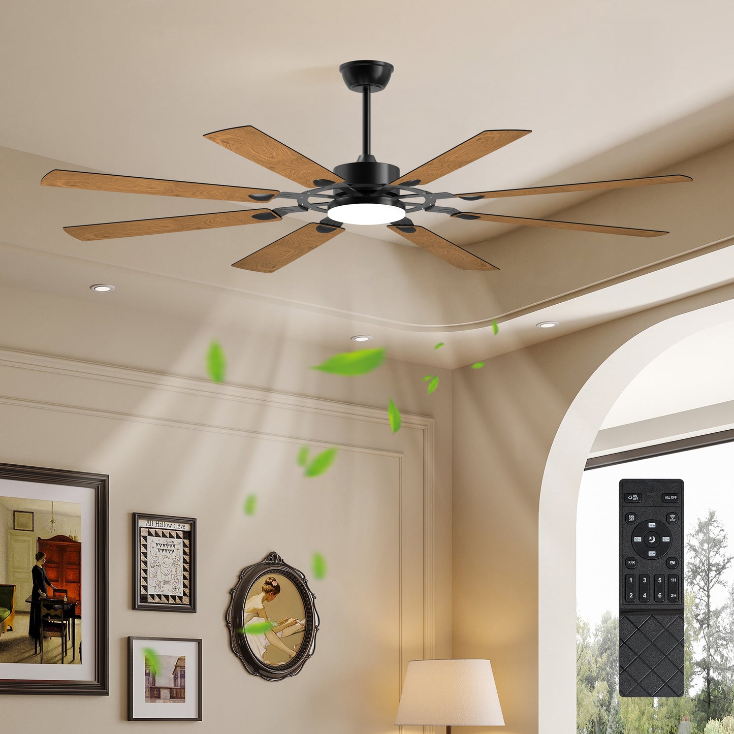72-Inch 8-Blade Large Ceiling Fan,Reversible Quiet DC Motor,Indoor Outdoor Modern Ceiling Fan,Suitable For Kitchen,Living Room And Terrace,Black.