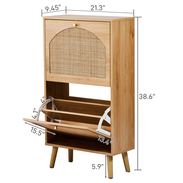 2-Tilt Shoe Cabinet With Arched Rattan Surface, MDF With Triamine, 54x24x98cm, Natural Wood Color