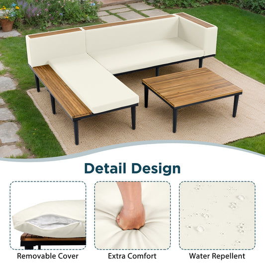 Luxury Patio Furniture Set With Removable Cushions And Coffee Table, L-Shaped  Acacia Wood Sofa With Side Table, Outdoor Conversation Sectional Sofa  For Backyard, Porch, Beige