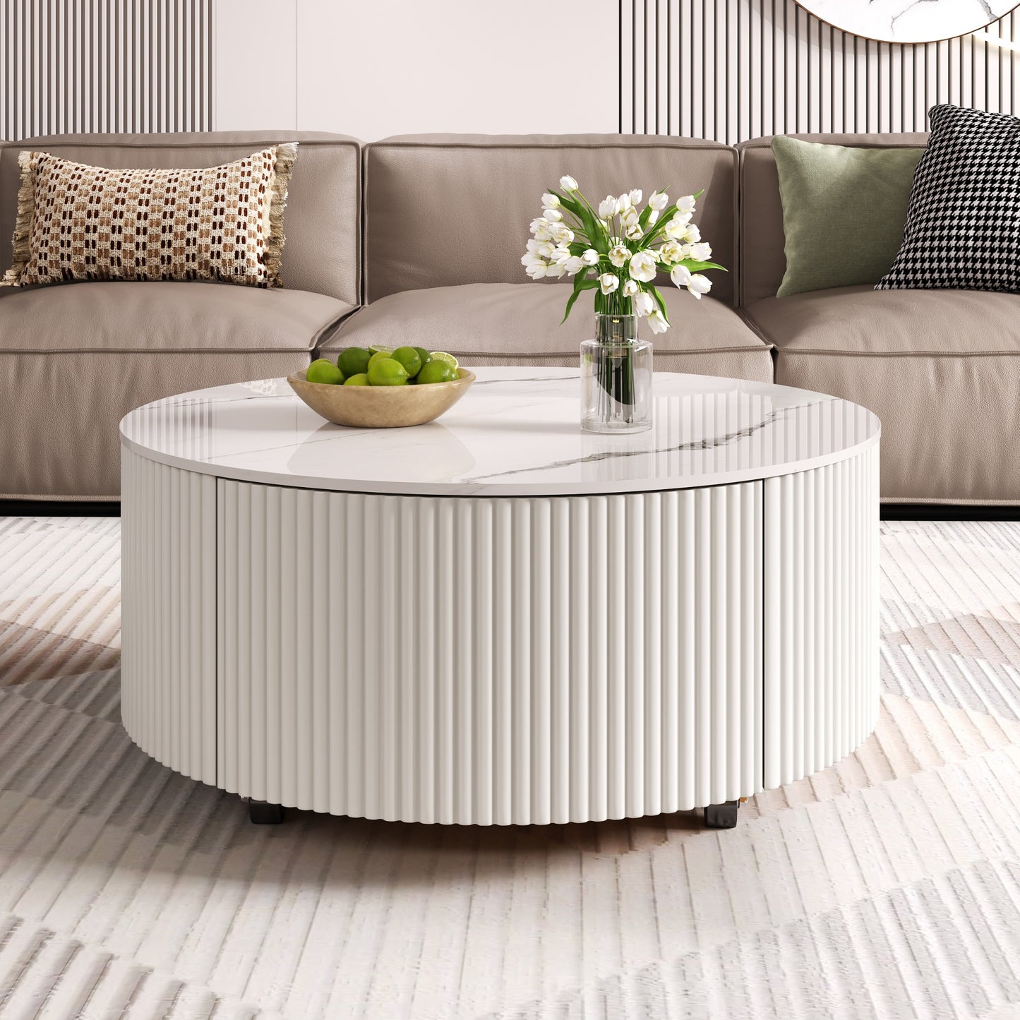 Modern Round Movable Coffee Table With Casters, 2 Drawers, Marble Pattern Sintered Stone Top, White, 29.5
