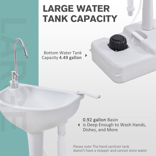 Portable Hand Washing Station, Handwashing Station Basin With 4.5 Gallon Tank, Rolling Wheels, Soap Dispenser, Towel Holder For RV, Outdoor Events, Gatherings, HDPE, White