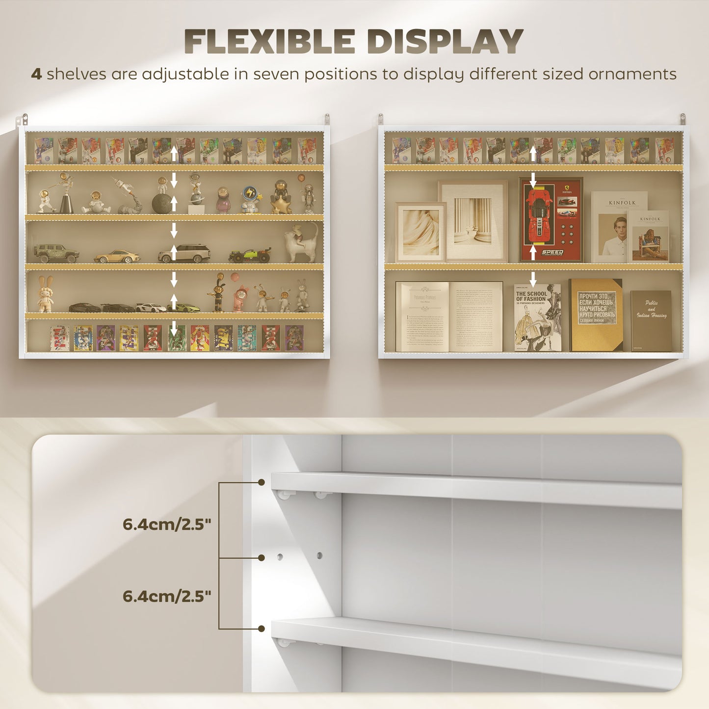 5-Tier Display Cabinet, Wall-Mounted Display Case With 2 Glass Doors And Adjustable Shelves, White