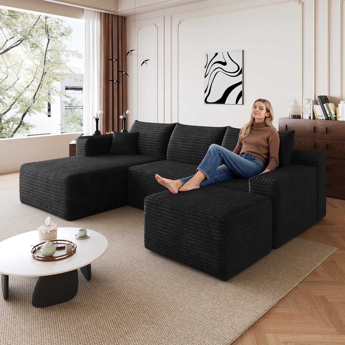 95  Cloud Sectional Sofa With 1 Ottoman,Modern Minimalist Upholstered Couches, Comfort U Shaped Sofa For Living Room,Deep Seat Corner Couch,No Assembly Required,Black  Plush Corduroy Fabric