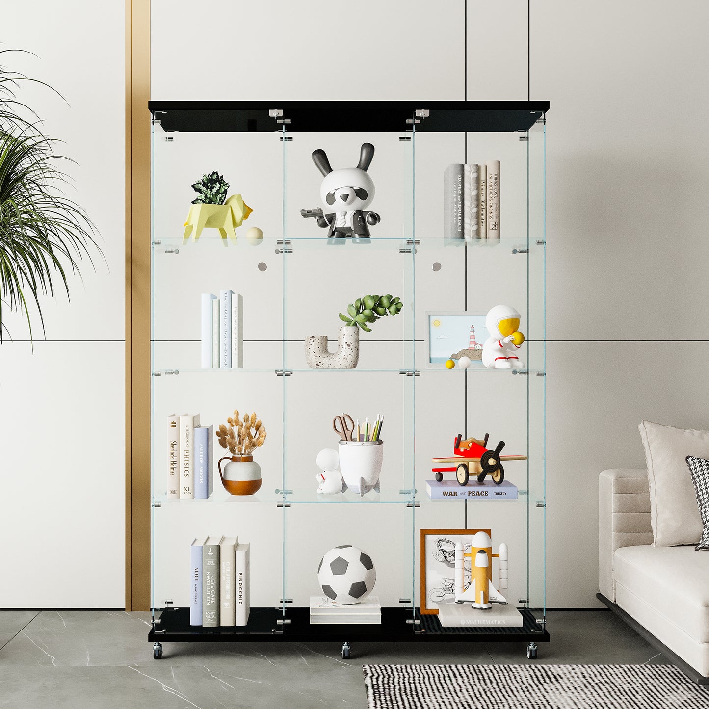 Glass Display Cabinet With 4 Shelves Extra Large, Curio Cabinets For Living Room, Bedroom, Office, Black Floor Standing Glass Bookshelf, Quick Installation