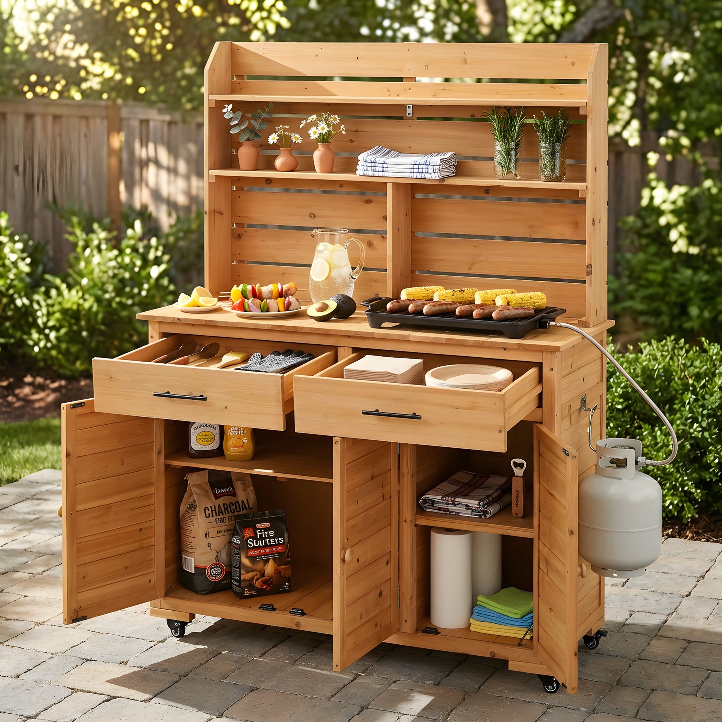 Assembly Video- TOPMAx 65 H Large Garden Potting Bench With Lockable Wheel And Storage Cabinet  Wood Outdoor Kitchen Island Prep Cart With Hutch Top  Drawers And Removal Shelves For Grilling  Natural