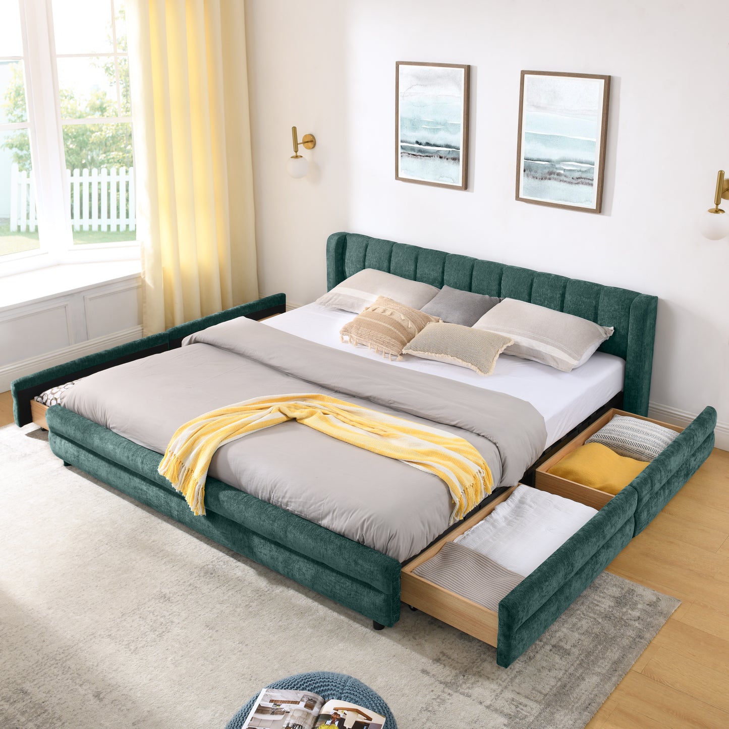 King Size Upholstered Bed Frame With Thick Fabric, Comfortable Upholstered Bed Frame, Chenille Fabric, With Headboard And Solid Bed Frame. With Drawer For Storage--Blue Green86.5 X84x 29.5