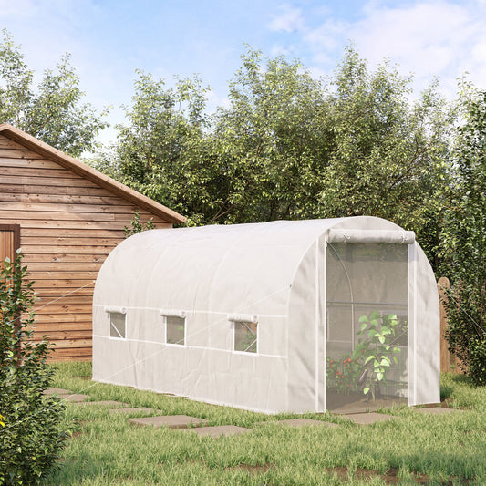 14.6' X 6.6' X 6.6' Walk-In Tunnel Greenhouse, Large Garden Hot House Kit With 6 Roll-up Windows & Roll Up Door, Steel Frame, White