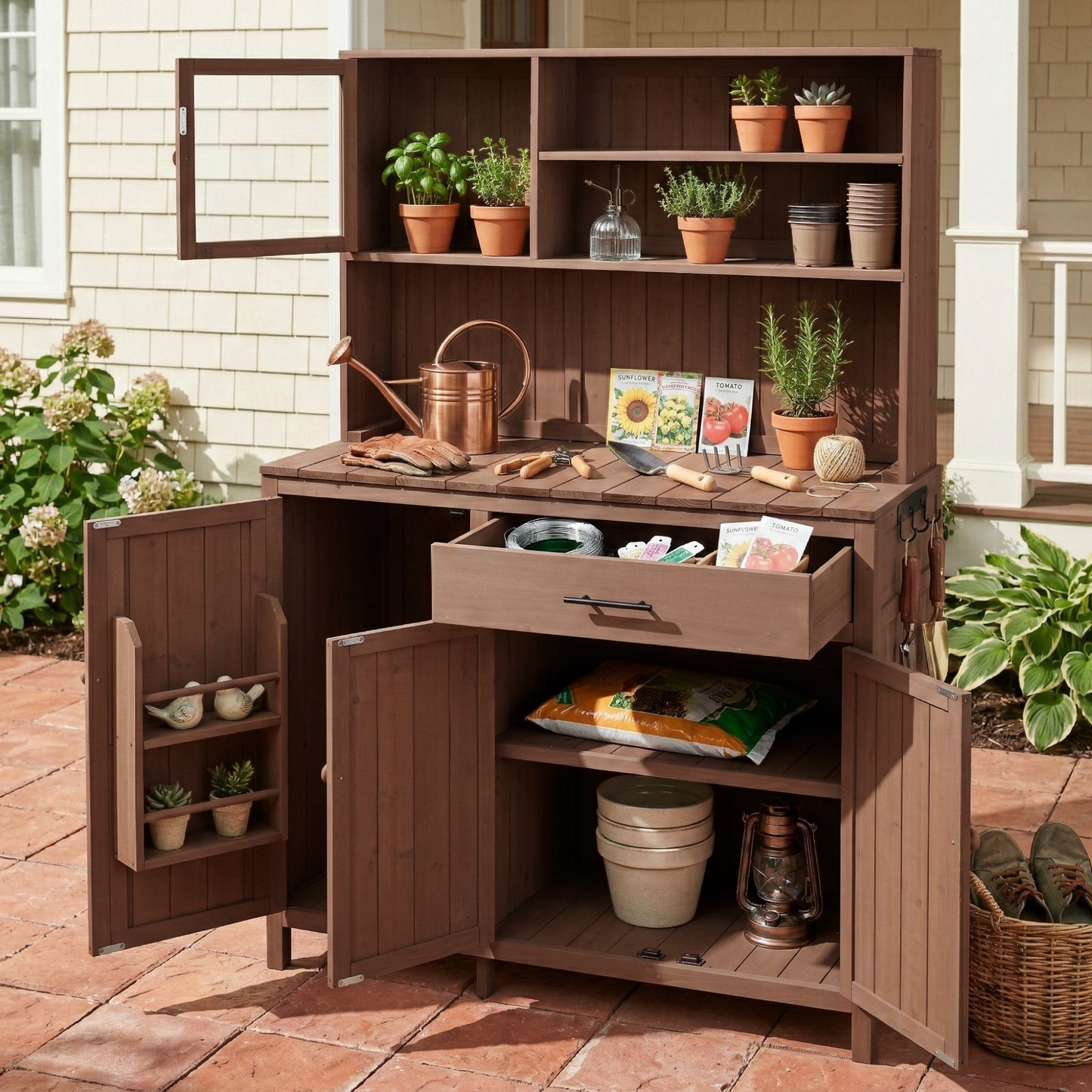 With Assembly Video  TOPAMx Potting Bench With Hutch  65  H Solid Fir Wood Garden Workstation  Large Countertop  Patio Kitchen Island With Adjustable Shelves  Spice Rack  Side Hook And Drawer  Brown