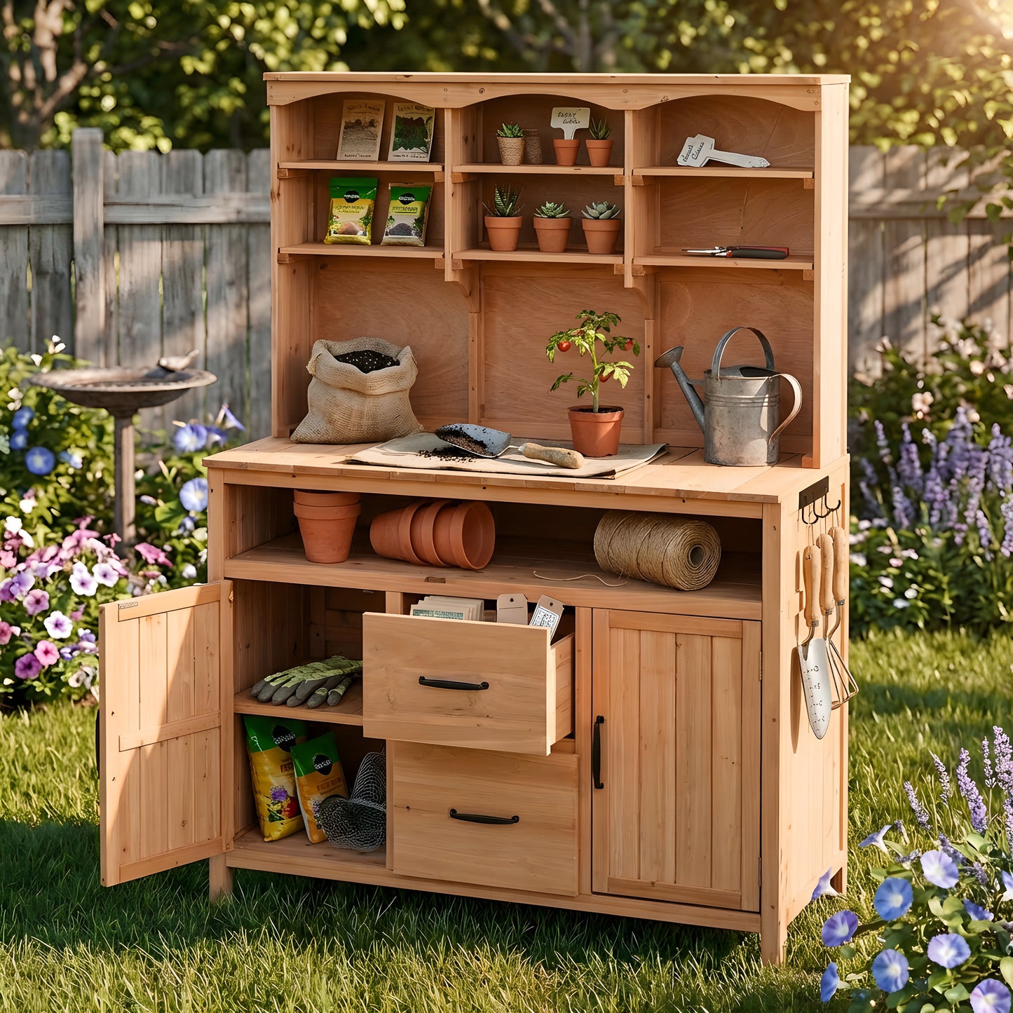 With Assembly Video TOPMAx Large Fir Wood Potting Bench 45.3 L Multi- Functional Outdoor Patio Kitchen Island With Hutch  Cabinets Drawers & Hooks  Large Countertop For Gardening  Grill  Natural Wood