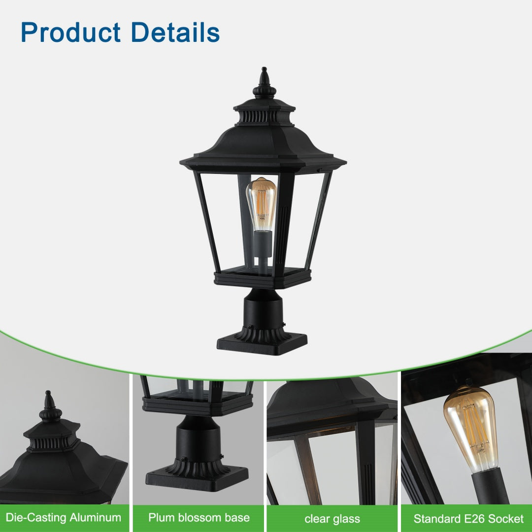 21in H 1-Pack Outdoor Post Lantern Light -Vintage Black Metal & Clear Glass Pillar Lamp For Garden, Gate, Driveway, And Pathway Lighting With Elegant Design  Bulb Not Included