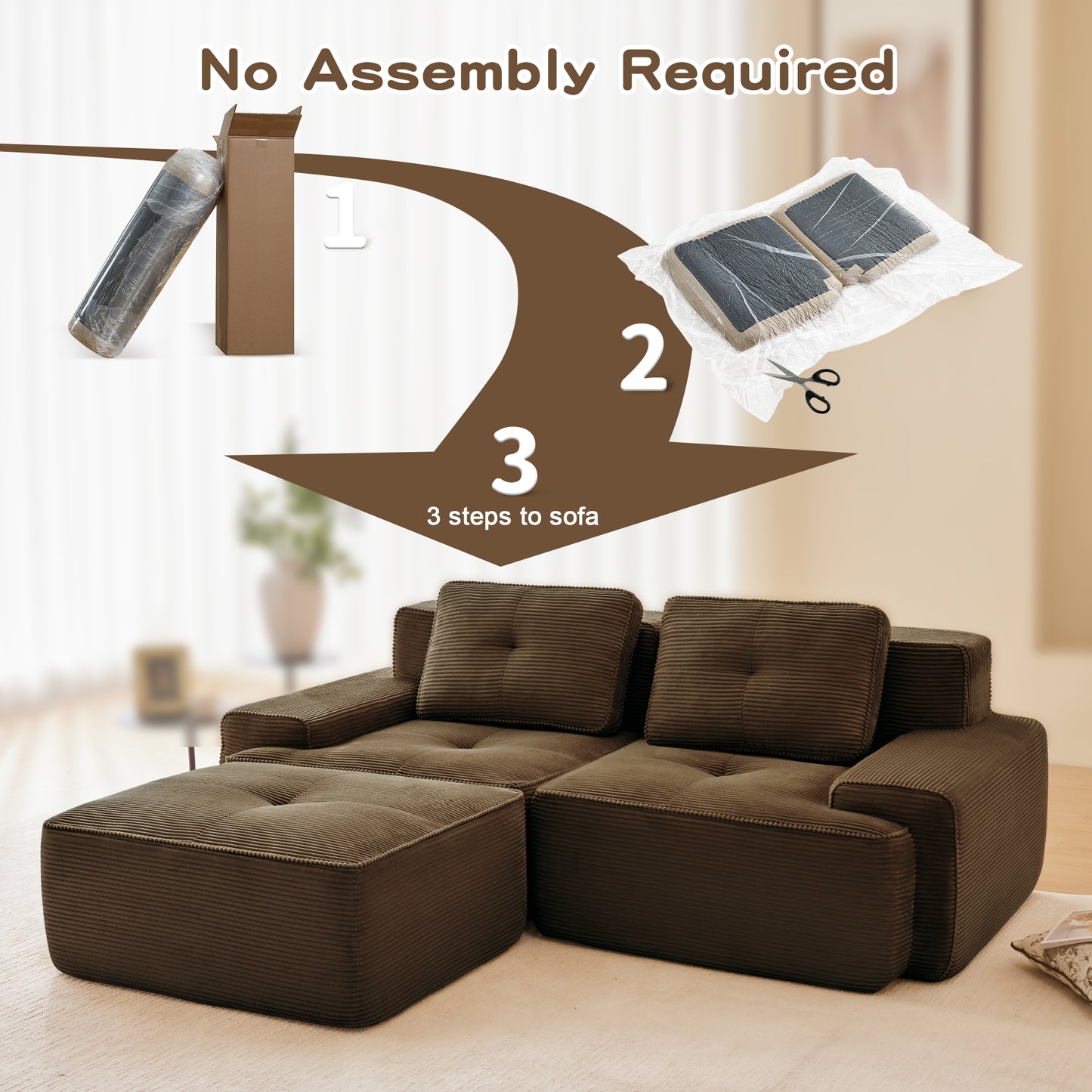 82 Modern L-Shaped Modular Sectional Sofa For Living Room, Corduroy Fabric, 2-Seater Couch With Deep Seat And Movable Ottoman, Pearl-like Piping, Tufted Design, No Assembly, Anti-slip Design, Brown