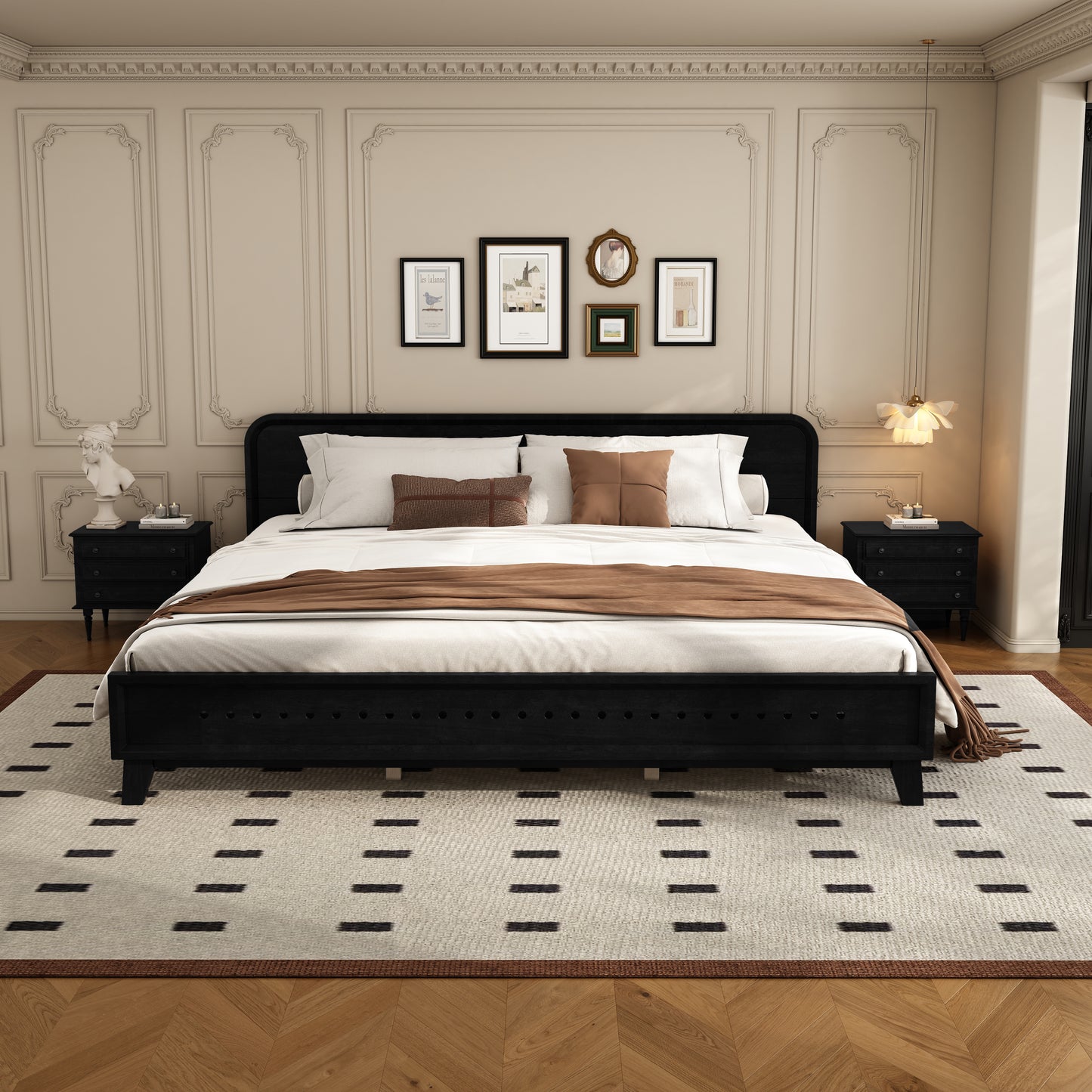 PINE SOLID WOOD KING SIZE BED, SOLID AND STABLE, NO BOX SPRING NEEDED, BLACK COLOR