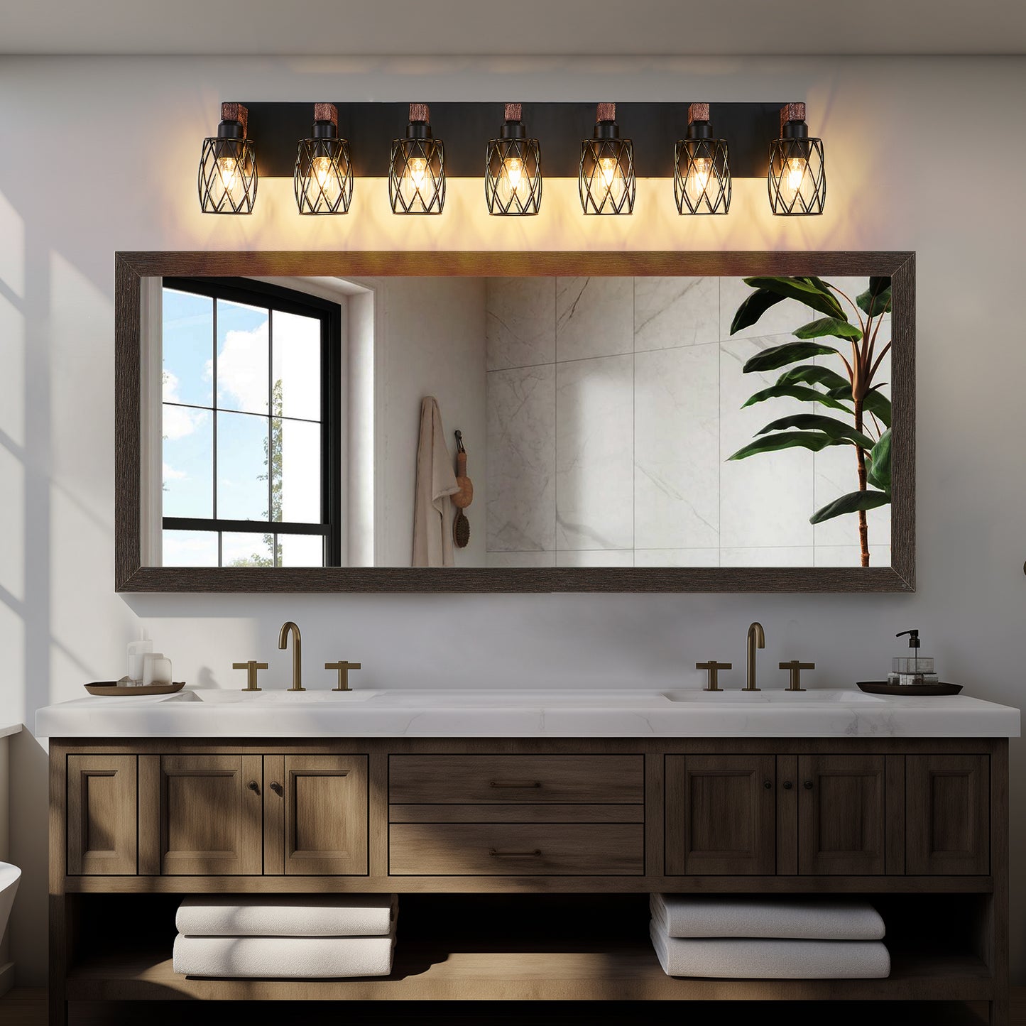 Industrial Vintage 7-Light Wall Sconce - Black Cage Wall Lighting Fixture With Wooden Accents For Bathroom, Hallway, Or Living Room Bulb Not Included