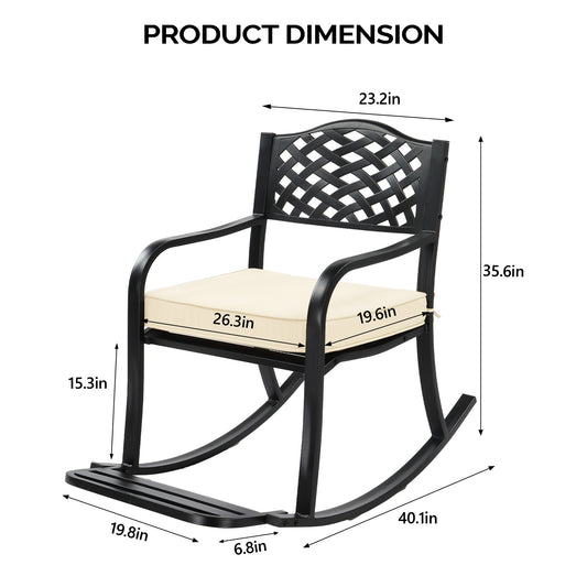 Metal Rocking Chair, Outdoor Rocking Bench With Cushion, Patio Rocker With Footrest, Weatherproof Rocking Chair For Outside, Patio, Garden, Hole Backrest