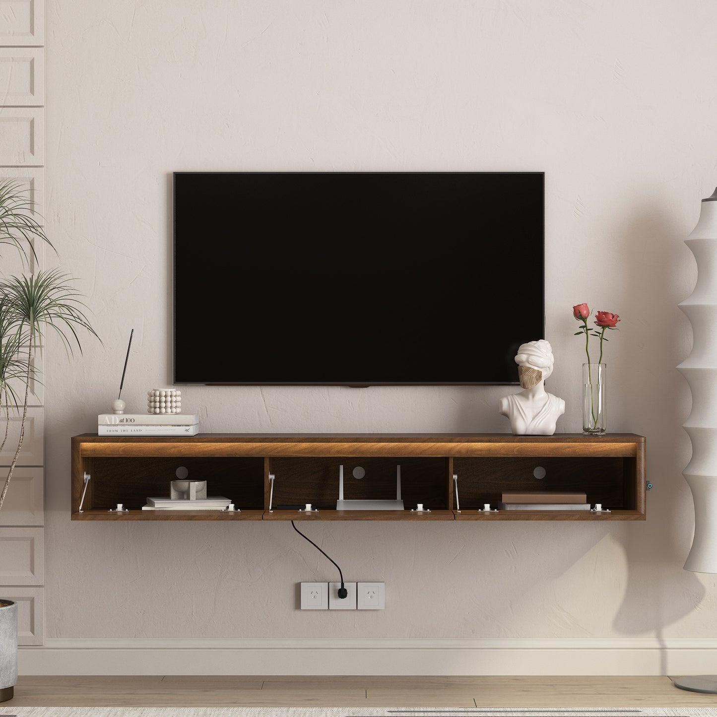 Floating TV Stand, Wall Mounted TV Shelf With Led Lights & Power Outlet, Cabinet For Wood Tv Stands For Living Room