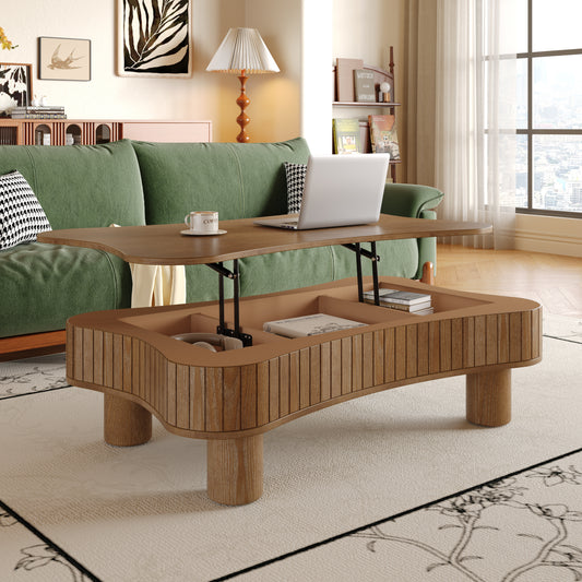 Lift Top Coffee Table For Living Room 42- Fluted Panel Hidden Storage, Silent Hydraulic Lift, Curved Safety Corners, 5 Min Assembly 27W X 13-18.9H,Walnut