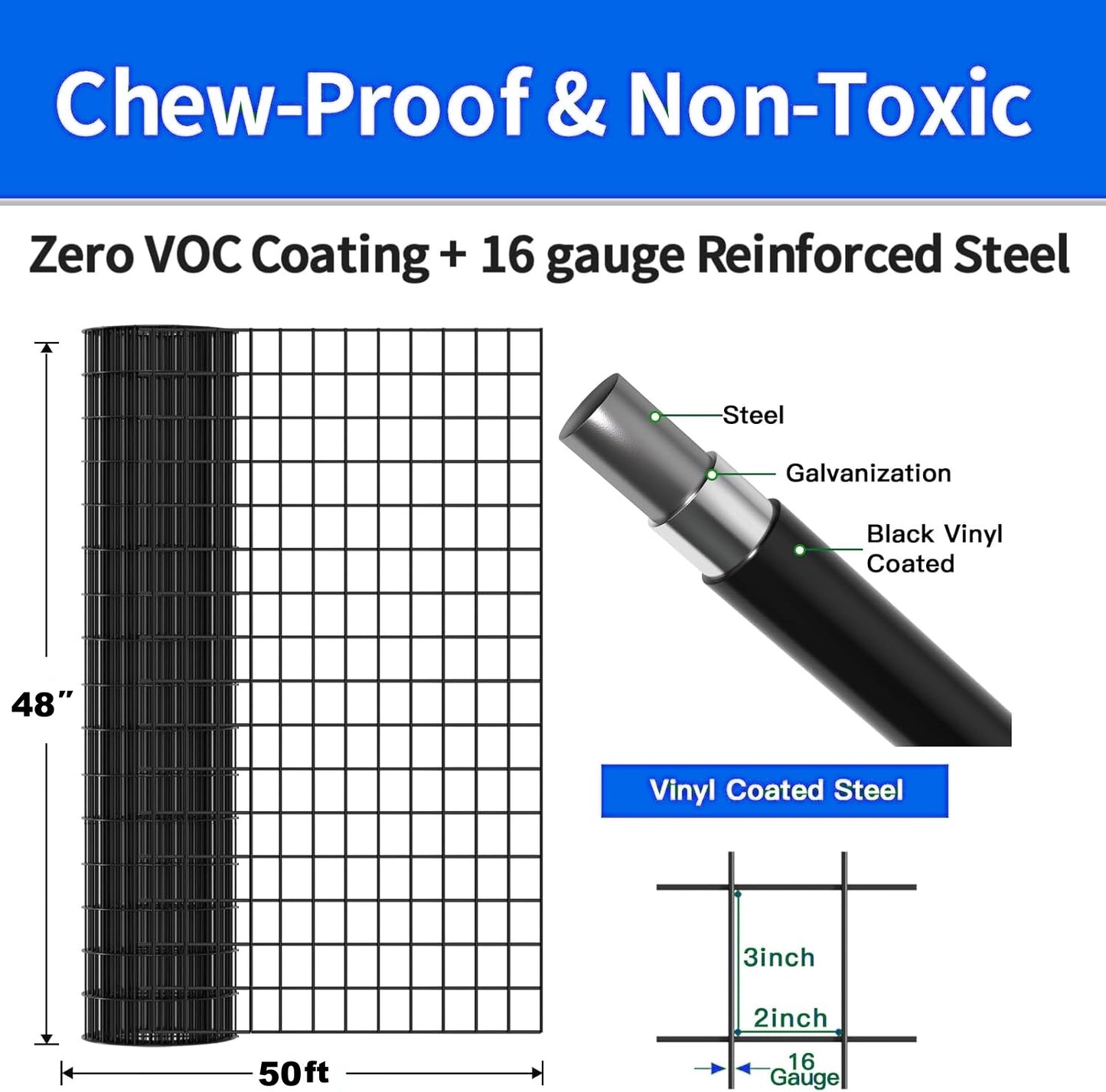 48 INCH X50 FT Black Vinyl-coated Metal Mesh, 16 Gauge 2  3 Inch Black PVC Metal Mesh, Black Welded Wire Mesh Support, Poultry Cage Protective Fence