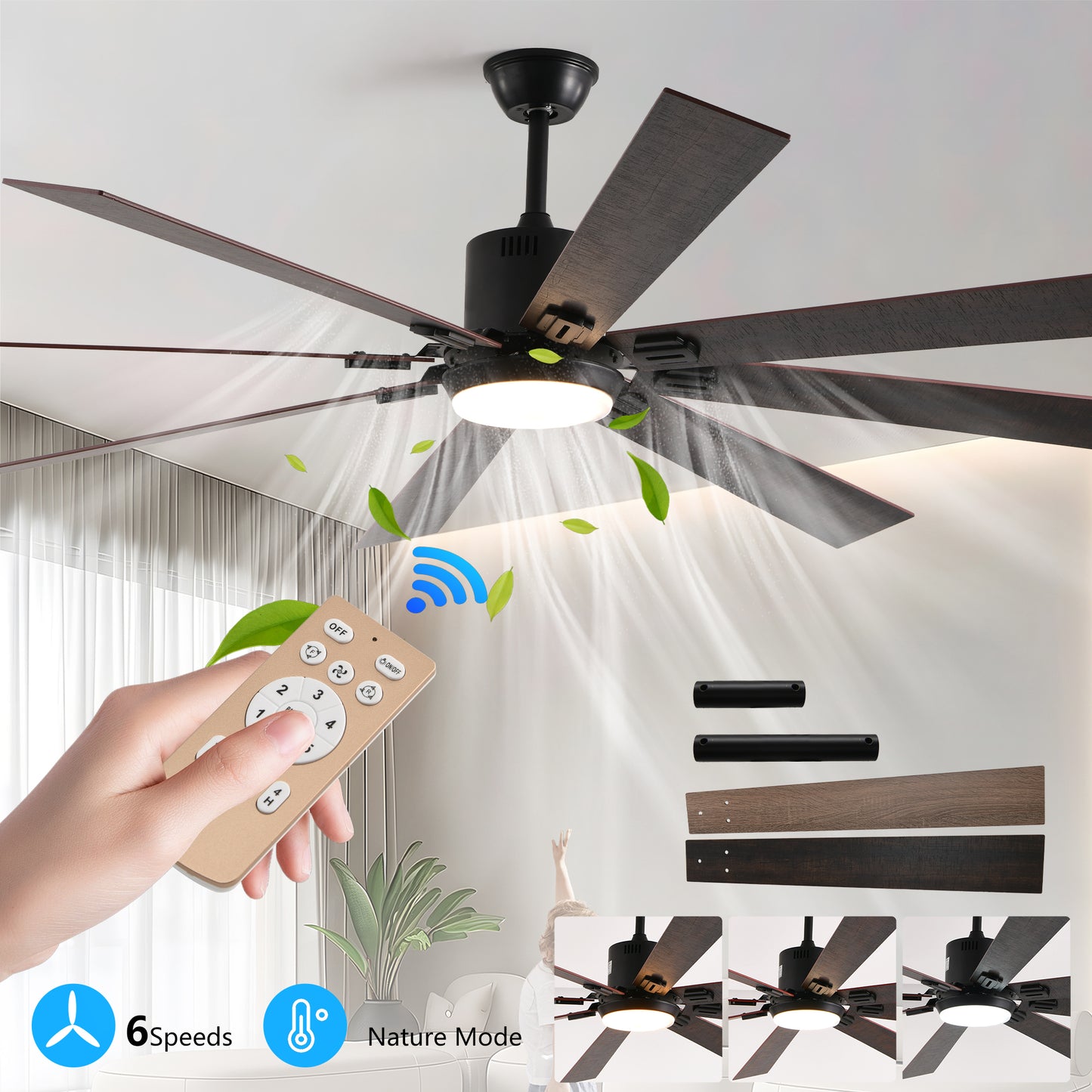 72  Walnut LED Ceiling Fan Light With 8 Wooden Blades, Remote Control, Adjustable Color Temperature For Living Room, Bedroom, Or Dining Room Silent 6-Speed Reversible DC Motor