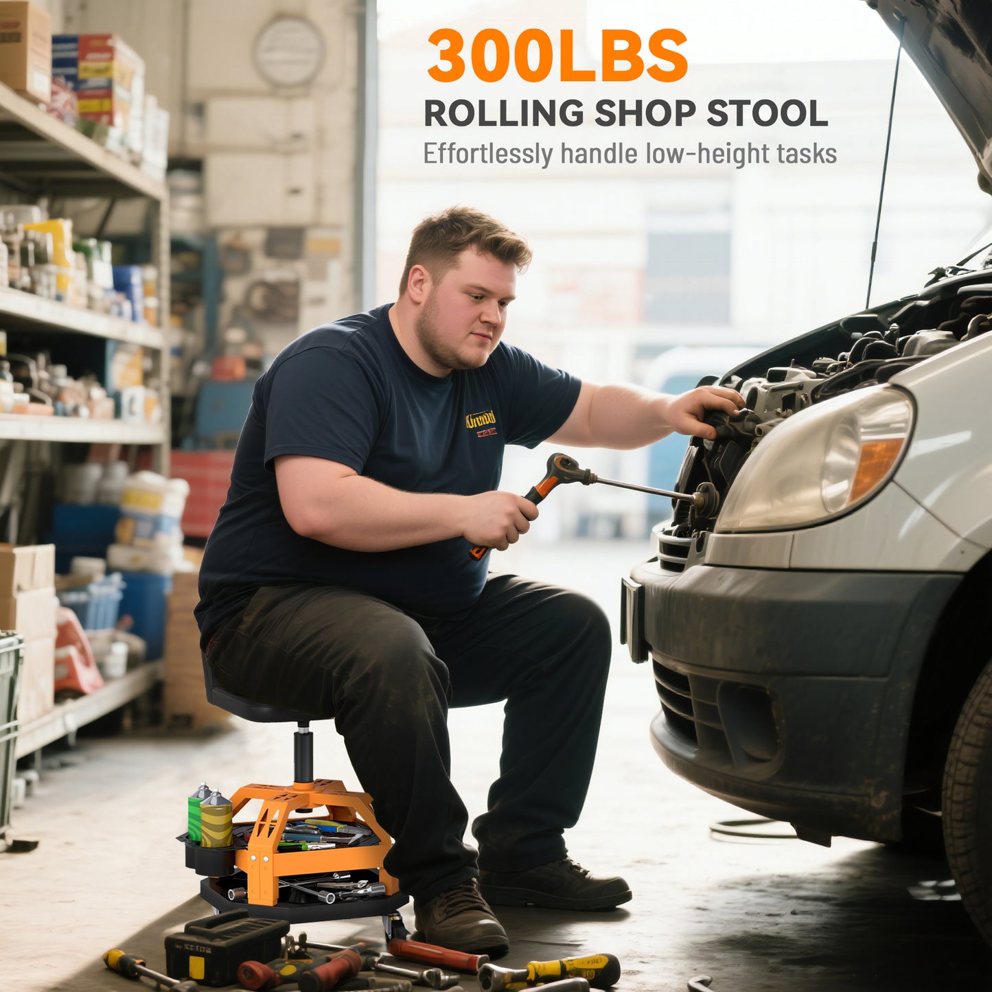 Rolling Creeper Garage Stool, 300 LBS Capacity Mechanic Stool With 360° Wheels, Tool Tray, Adjustable Height, Yellow