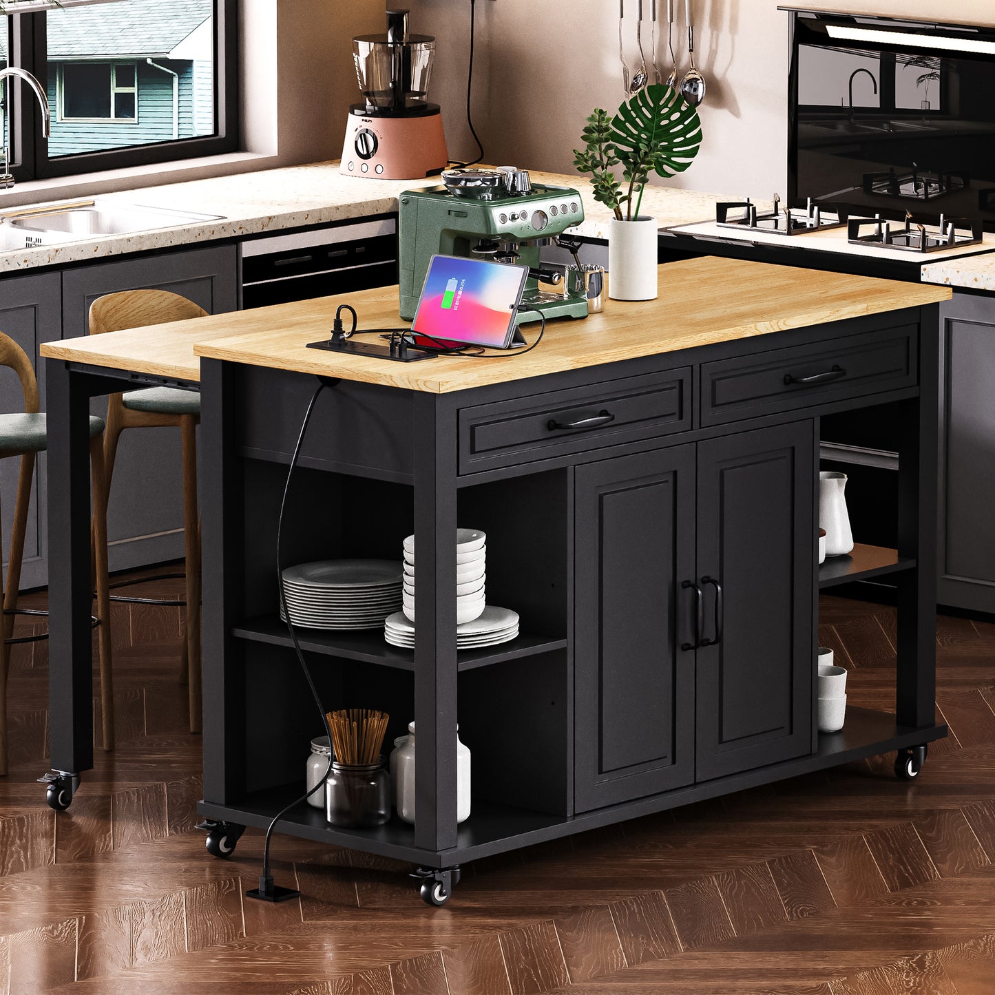 K&K 47 Inch Kitchen Island With Extendable Dining Table, Rubber Wood Veneer Kitchen Table With Internal Storage Rack, Power Outlet, Kitchen Island With Storage 2 Drawers 2 Cabinet, Black