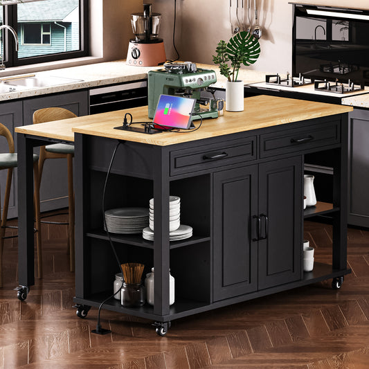 K&K 47 Inch Kitchen Island With Extendable Dining Table, Rubber Wood Veneer Kitchen Table With Internal Storage Rack, Power Outlet, Kitchen Island With Storage 2 Drawers 2 Cabinet, Black