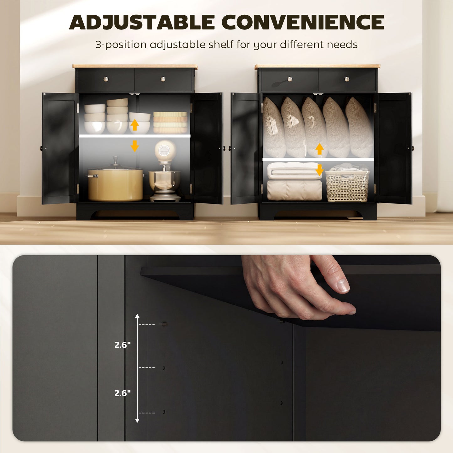 Kitchen Storage Cabinet, Sideboard Floor Cupboard With Solid Wood Top, Adjustable Shelf, And 2 Drawers, Black