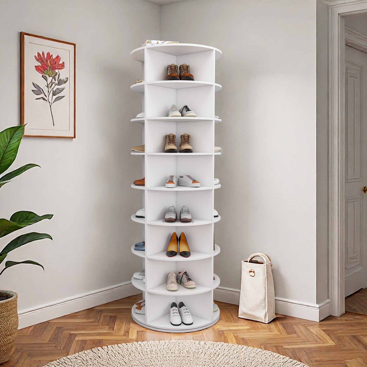 Rotating Shoe Rack Tower, 8-Tier Spinning Storage Rack, Free Standing 360 Revolving Shoe Organizer, Holds 32 Pairs Of Shoes  8-Tier,White