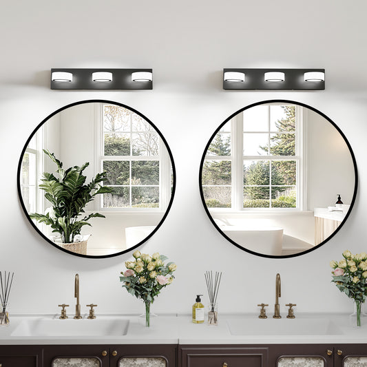 LED 21 Inch Vanity Light White Round Acrylic 3 Light With Black Base Bathroom Wall Lighting Fixture