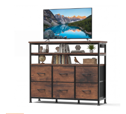 39-inch TV Stand For Up To 45 Inch TVs, Entertainment Center With RGB LED Lights & Charging Station, Media Console With 6 Fabric Drawers
