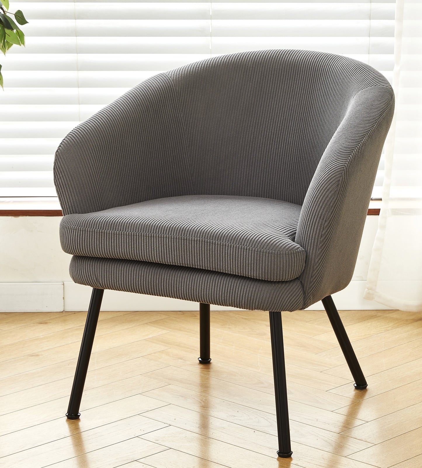 Corduroy Accent Chair With Black Metal Legs, Modern Upholstered Armchair, Comfy Barrel Chair For Living Room Bedroom
