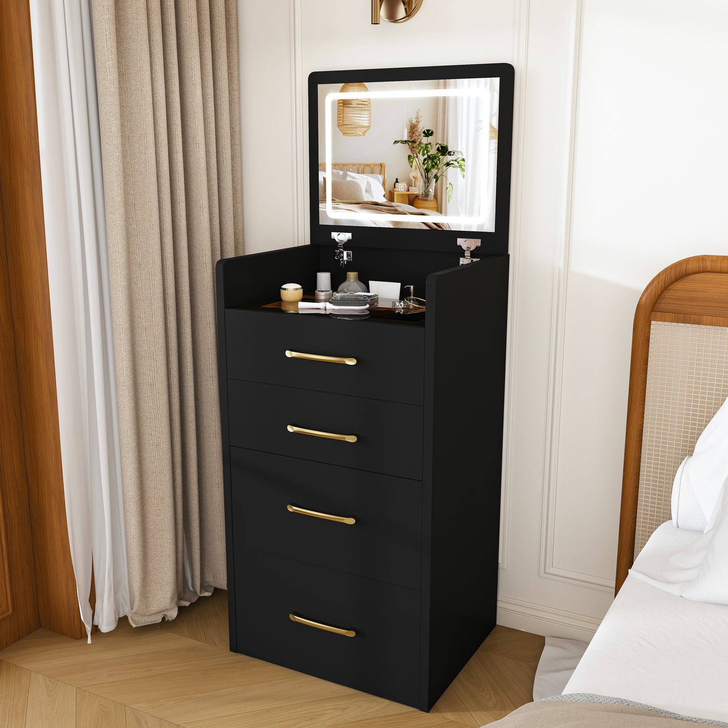 3 In 1 Vanity Desk With Open Top Mirror,Small Make Up Vanity Set With Visible Glass Desktop,Compact Makeup Vanity With 3 Drawers,Dressing Table For Bedroom  Black