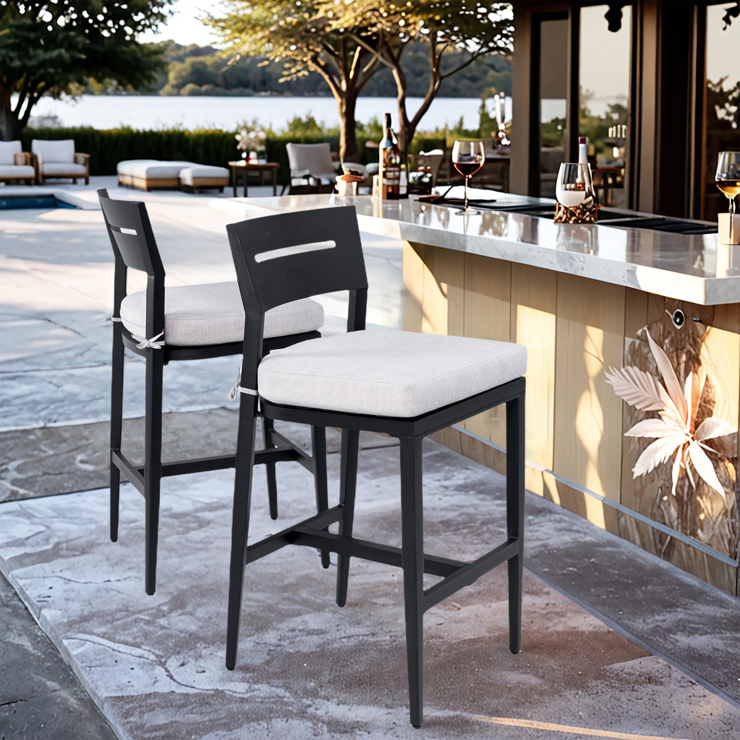 Modern Outdoor 2PC Bar Stools, Aluminum Patio Bar Chair With Ergonomic Backrest, Tapered Legs, Footrest, Ember Black, Sunbrella Cushion, Weather-Resistant, For Garden, Poolside, And Kitchen Island