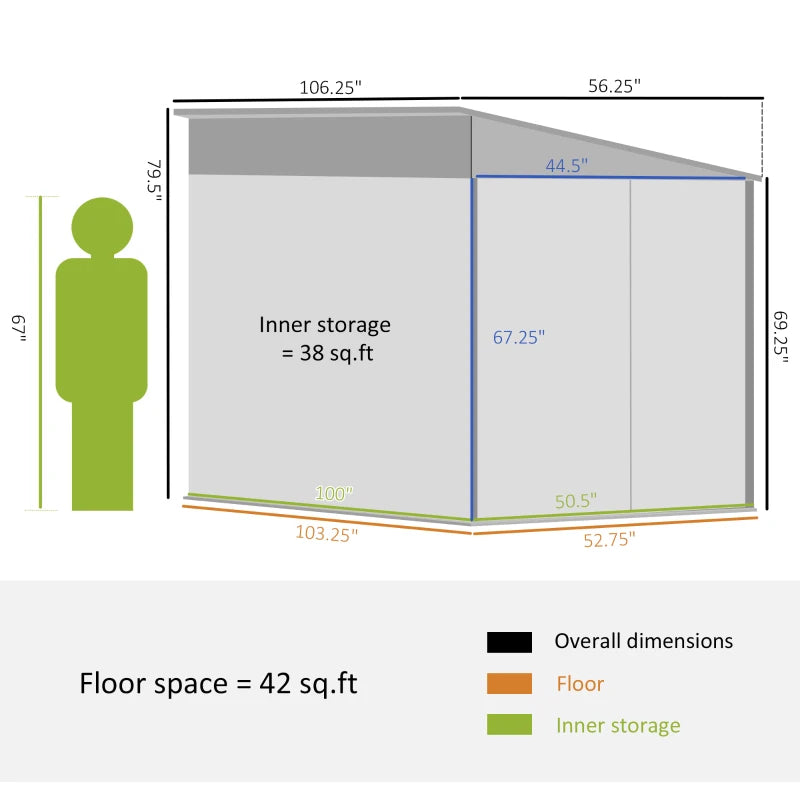 4.6' X 9' Outdoor Storage Shed, Lean To Metal Shed With Foundation Kit, Lockable Doors And Gloves For Patio, Lawn, Gray