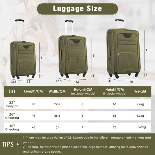 Softside Luggage Expandable 3 Piece Set Suitcase With Duffel Bag Upright Spinner Softshell Lightweight Luggage Travel Set-22 26 30 IN